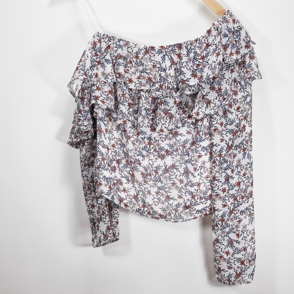 Rebecca Minkoff Ruffle Floral One-Shoulder Cropped Blouse Top White Size Small